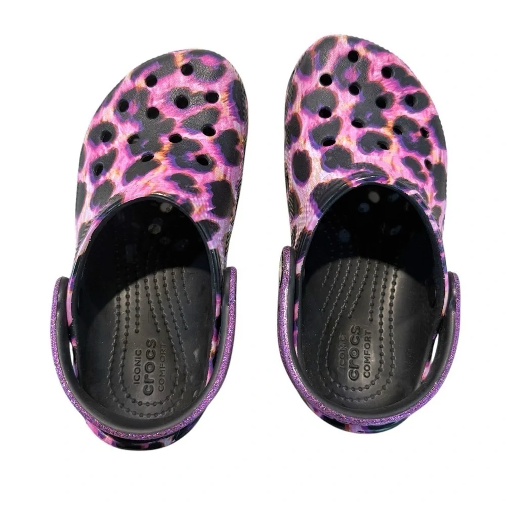 Girl’s Purple and Pink Animal Print Classic CROC with Glitter Strap. EUC